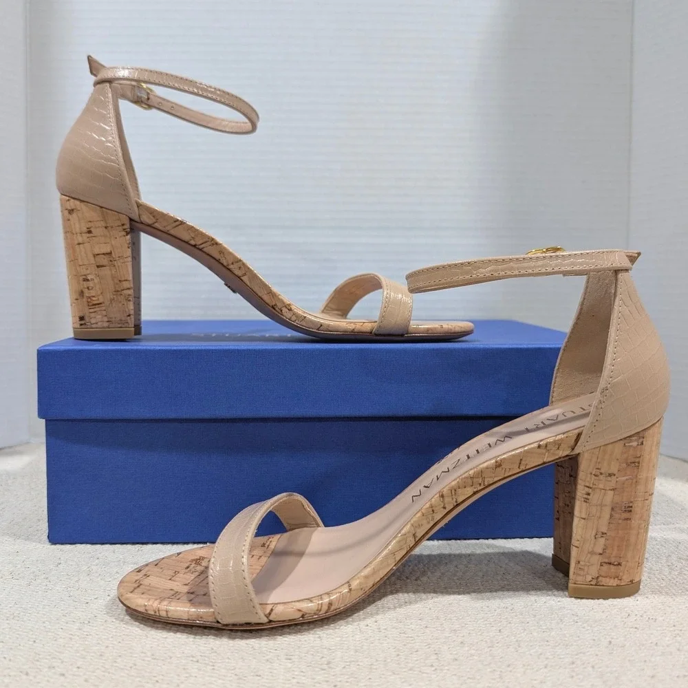 Stuart Weitzman Nearlynude Adobe Beige Croc Cork Block Heel Sandals 7.5 AA NIB